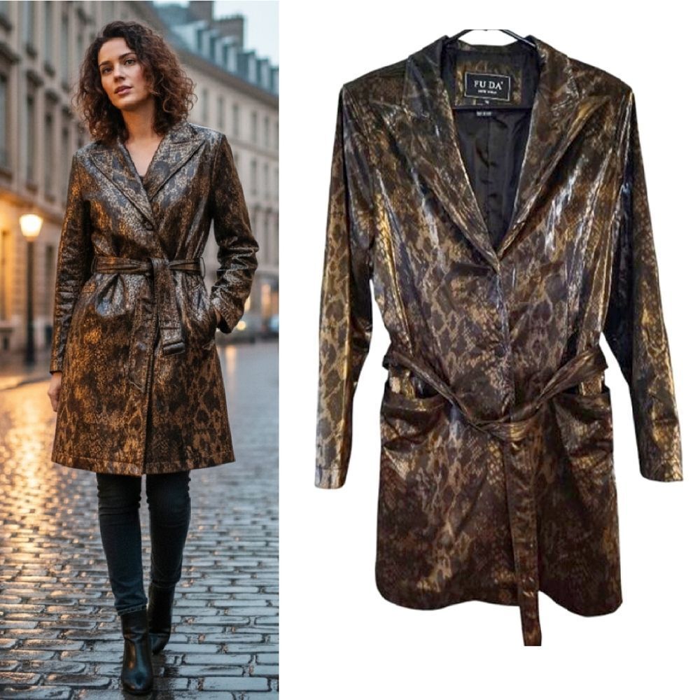 VTG FUDA Black Gold Faux Snakeskin Belted Raincoat Trenchcoat‎ Medium